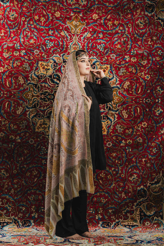 Kashmiri Kalamkari Sozni Work Shawl - White | Handmade - Kashmir Jama