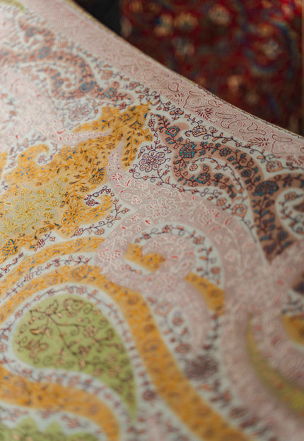 Kashmiri Kalamkari Sozni Work Shawl - White | Handmade - Kashmir Jama