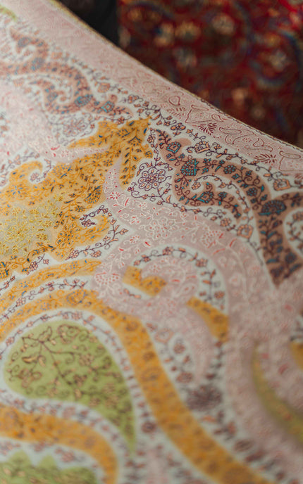 Kashmiri Kalamkari Sozni Work Shawl - White | Handmade - Kashmir Jama