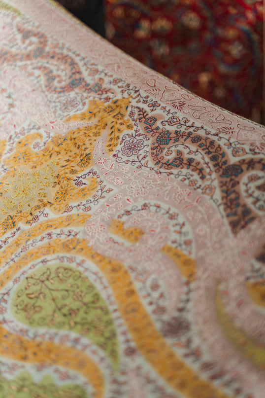 Kashmiri Kalamkari Sozni Work Shawl - White | Handmade - Kashmir Jama