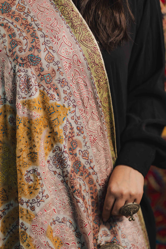 Kashmiri Kalamkari Sozni Work Shawl - White | Handmade - Kashmir Jama