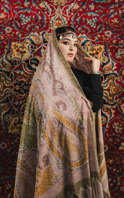 Kashmiri Kalamkari Sozni Work Shawl - White | Handmade - Kashmir Jama