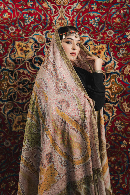 Kashmiri Kalamkari Sozni Work Shawl - White | Handmade - Kashmir Jama