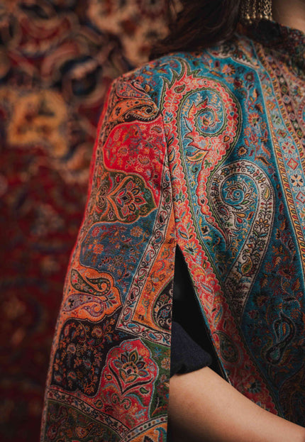 Women's Kani Work Kashmiri Cape Blue DOUBLING - Kashmir Jama