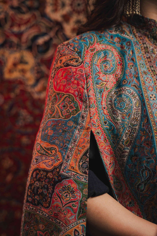 Women's Kani Work Kashmiri Cape Blue DOUBLING - Kashmir Jama