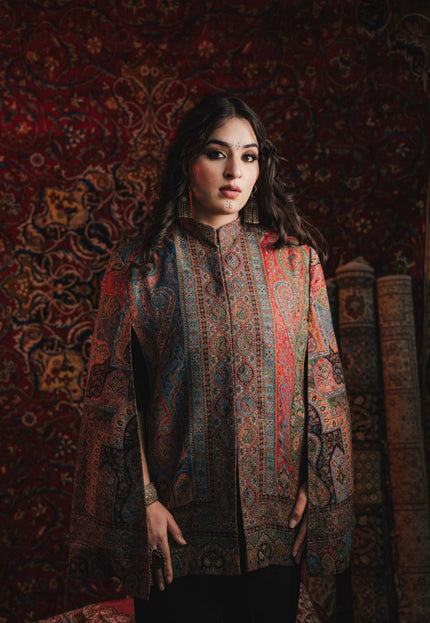 Women's Kani Work Kashmiri Cape Blue DOUBLING - Kashmir Jama
