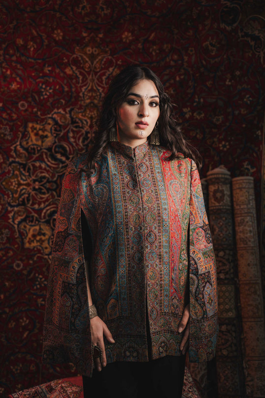 Women's Kani Work Kashmiri Cape Blue DOUBLING - Kashmir Jama