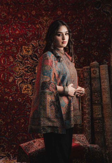 Women's Kani Work Kashmiri Cape Blue DOUBLING - Kashmir Jama