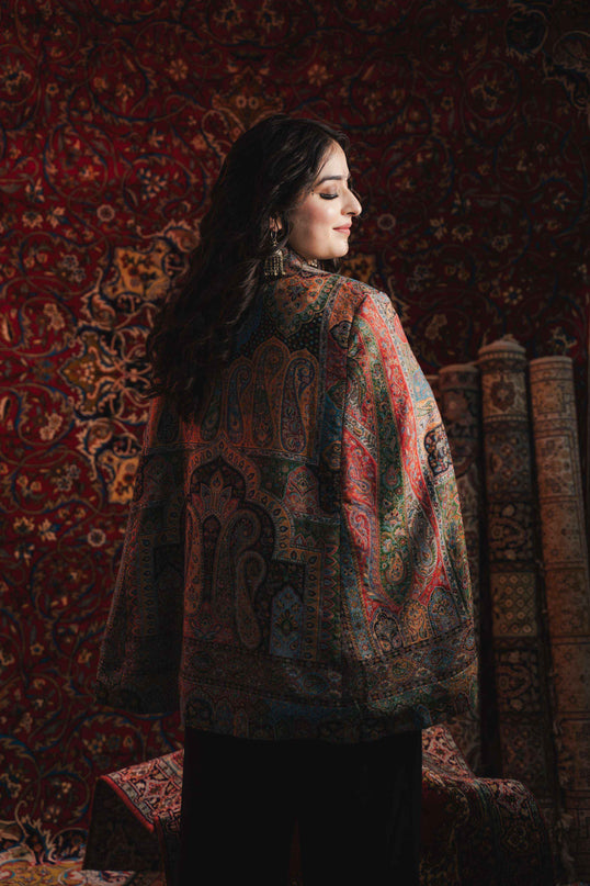Women's Kani Work Kashmiri Cape Blue DOUBLING - Kashmir Jama