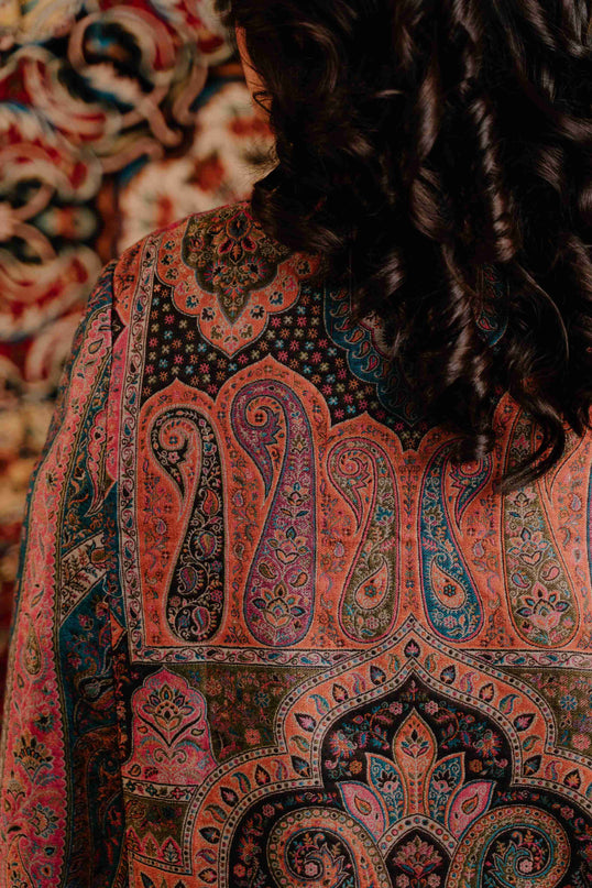 Kashmiri Kani Work Cape Coat - Pink - Kashmir Jama