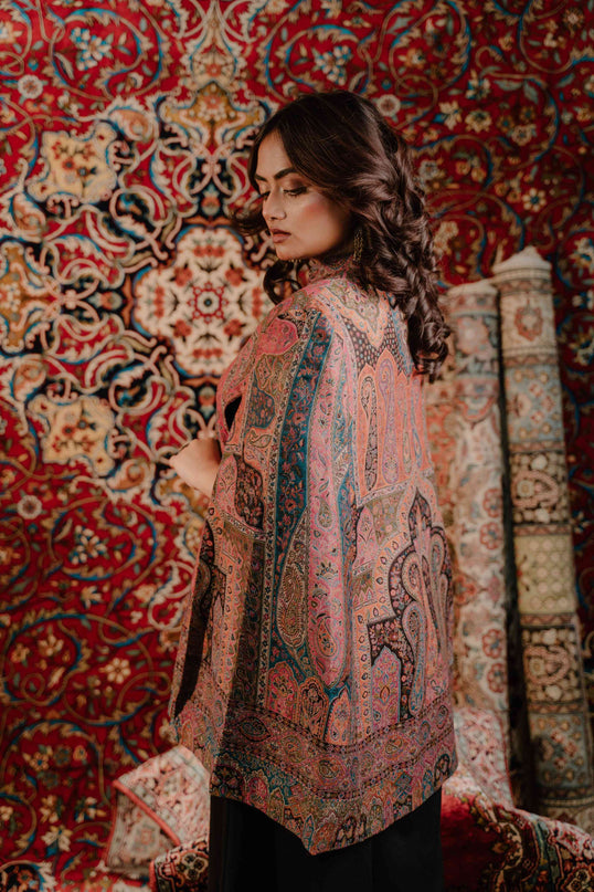 Kashmiri Kani Work Cape Coat - Pink - Kashmir Jama