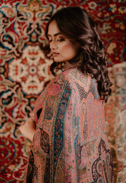 Kashmiri Kani Work Cape Coat - Pink - Kashmir Jama