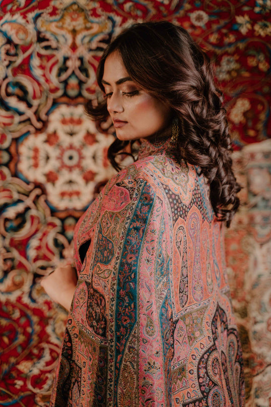 Kashmiri Kani Work Cape Coat - Pink - Kashmir Jama