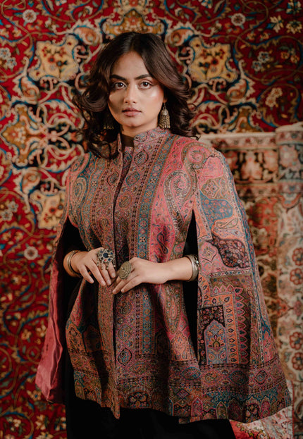 Kashmiri Kani Work Cape Coat - Pink - Kashmir Jama