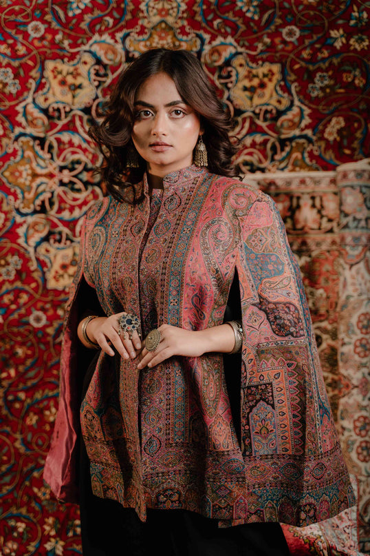 Kashmiri Kani Work Cape Coat - Pink - Kashmir Jama