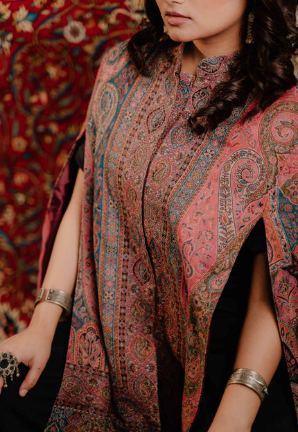 Kashmiri Kani Work Cape Coat - Pink - Kashmir Jama