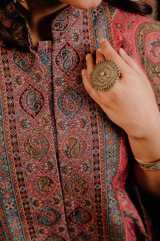 Kashmiri Kani Work Cape Coat - Pink - Kashmir Jama