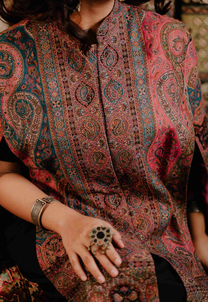 Kashmiri Kani Work Cape Coat - Pink - Kashmir Jama