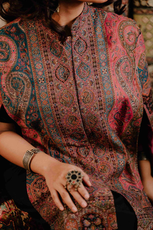 Kashmiri Kani Work Cape Coat - Pink - Kashmir Jama