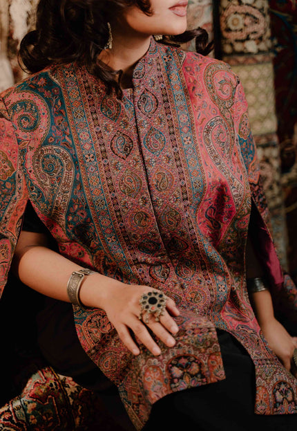 Kashmiri Kani Work Cape Coat - Pink - Kashmir Jama