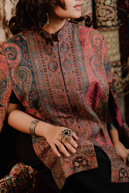 Kashmiri Kani Work Cape Coat - Pink - Kashmir Jama