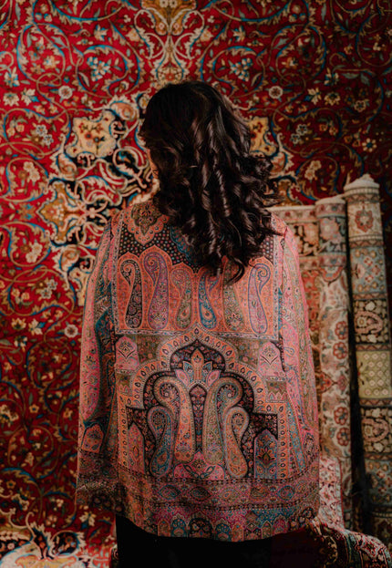 Kashmiri Kani Work Cape Coat - Pink - Kashmir Jama