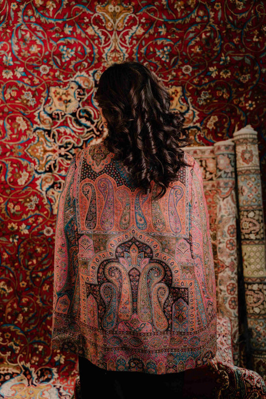 Kashmiri Kani Work Cape Coat - Pink - Kashmir Jama