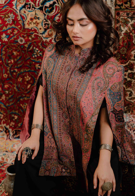 Kashmiri Kani Work Cape Coat - Pink - Kashmir Jama