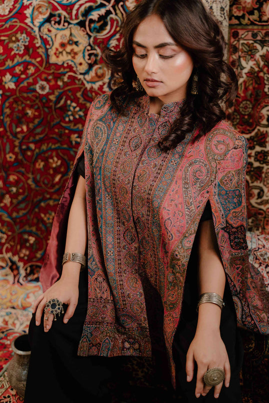 Kashmiri Kani Work Cape Coat - Pink - Kashmir Jama