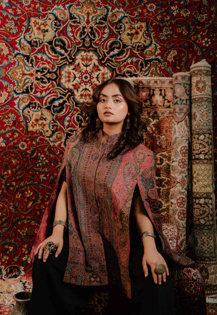 Kashmiri Kani Work Cape Coat - Pink - Kashmir Jama