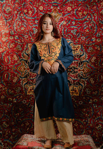 Kashmiri Aari Work Cotton Kurti - Royal Blue | Long - Kashmir Jama