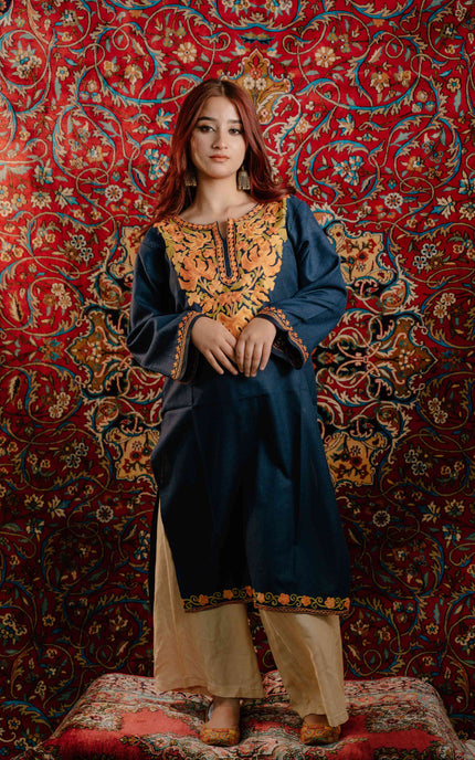 Kashmiri Aari Work Cotton Kurti - Royal Blue | Long - Kashmir Jama