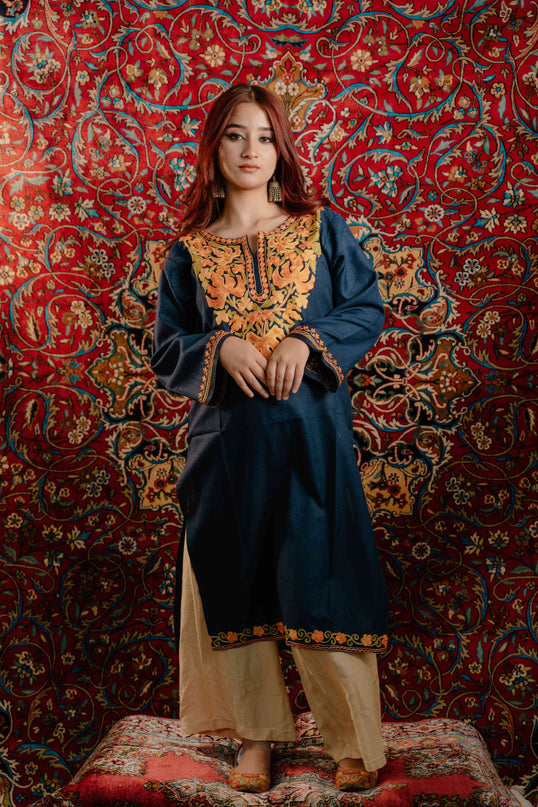 Kashmiri Aari Work Cotton Kurti - Royal Blue | Long - Kashmir Jama