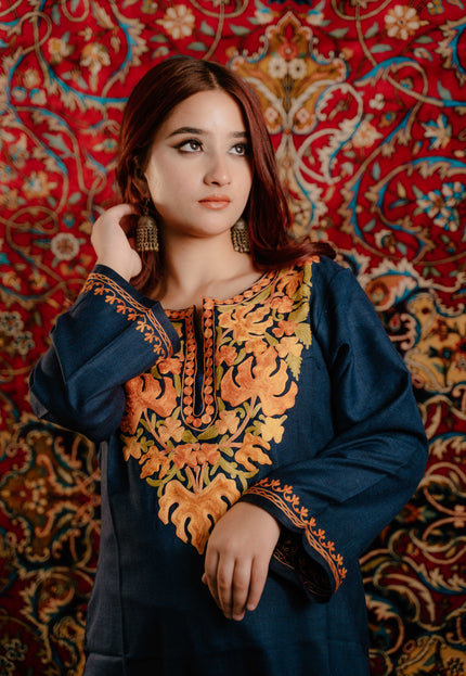 Kashmiri Aari Work Cotton Kurti - Royal Blue | Long - Kashmir Jama