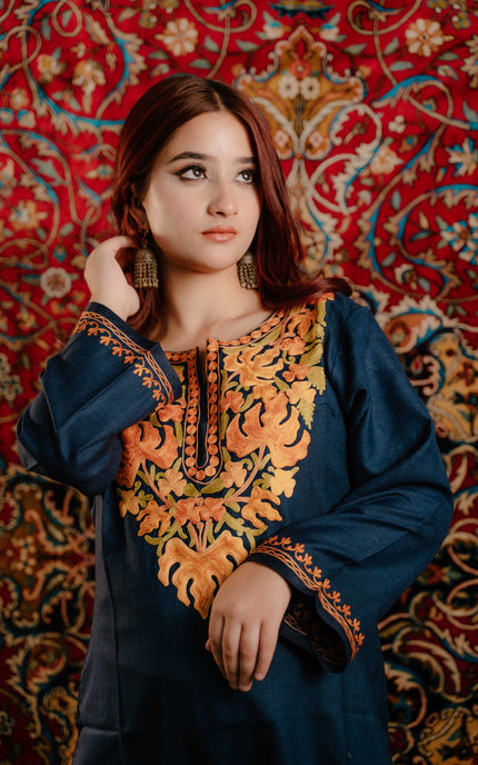 Kashmiri Aari Work Cotton Kurti - Royal Blue | Long - Kashmir Jama