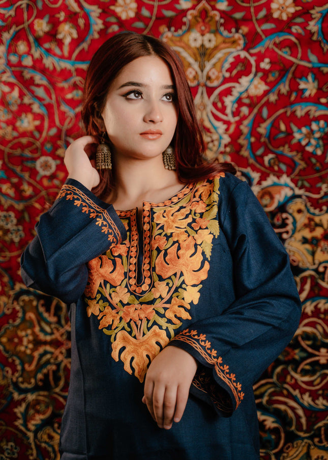 Kashmiri Aari Work Cotton Kurti - Royal Blue | Long - Kashmir Jama