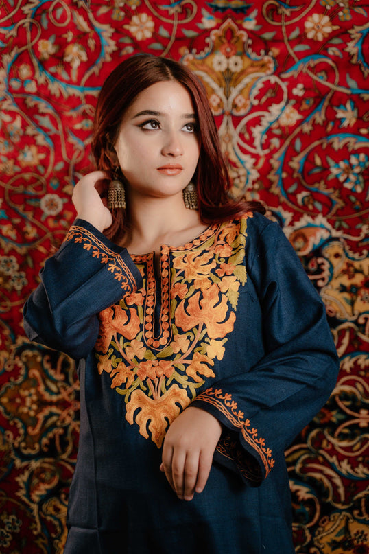 Kashmiri Aari Work Cotton Kurti - Royal Blue | Long - Kashmir Jama