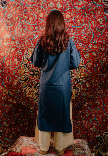 Kashmiri Aari Work Cotton Kurti - Royal Blue | Long - Kashmir Jama