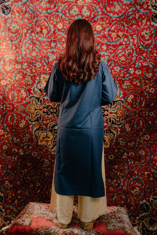 Kashmiri Aari Work Cotton Kurti - Royal Blue | Long - Kashmir Jama