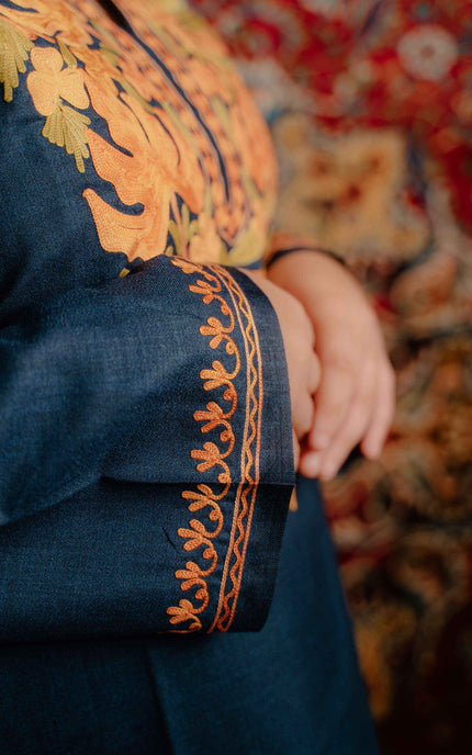 Kashmiri Aari Work Cotton Kurti - Royal Blue | Long - Kashmir Jama