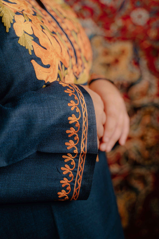 Kashmiri Aari Work Cotton Kurti - Royal Blue | Long - Kashmir Jama
