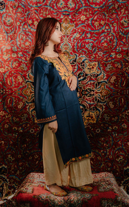 Kashmiri Aari Work Cotton Kurti - Royal Blue | Long - Kashmir Jama