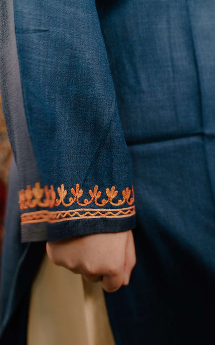 Kashmiri Aari Work Cotton Kurti - Royal Blue | Long - Kashmir Jama