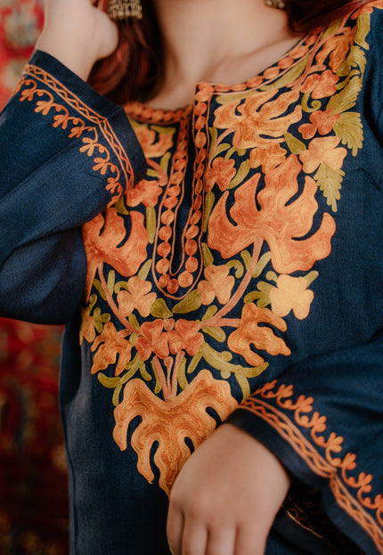 Kashmiri Aari Work Cotton Kurti - Royal Blue | Long - Kashmir Jama