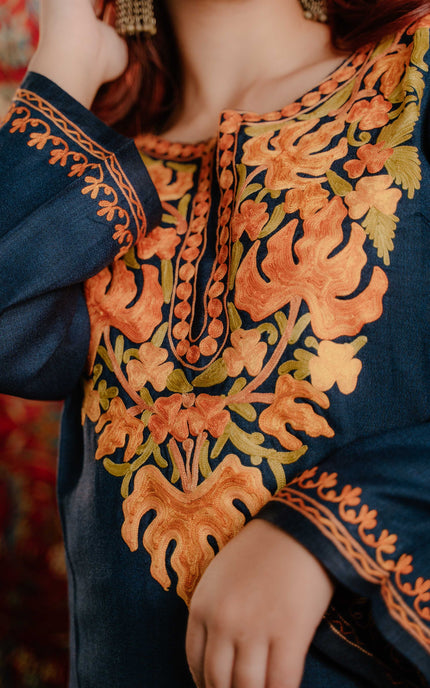 Kashmiri Aari Work Cotton Kurti - Royal Blue | Long - Kashmir Jama