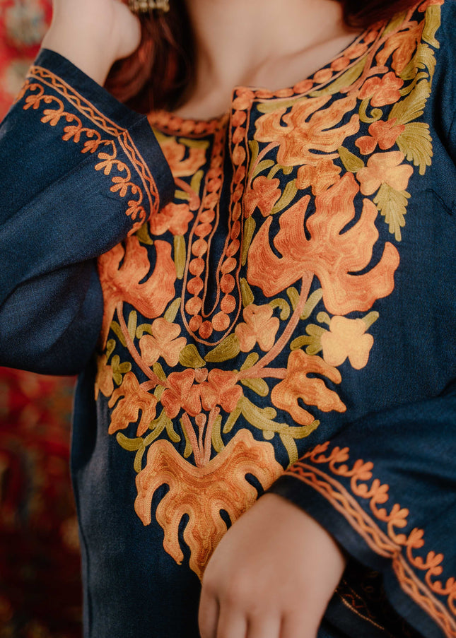 Kashmiri Aari Work Cotton Kurti - Royal Blue | Long - Kashmir Jama