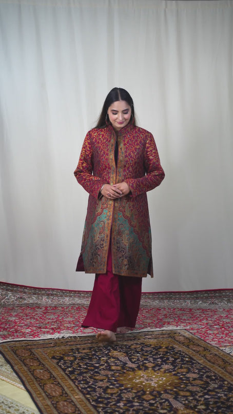 Kashmiri Kani With Zari Embroidery Jacket - Red Zari | Silk Long