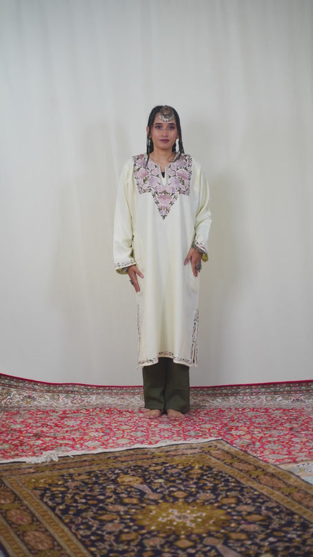 Kashmiri Aari Work Phiran - Pearl White