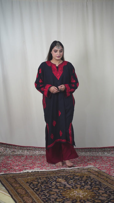 Kashmiri Red Aari Work Phiran - Black
