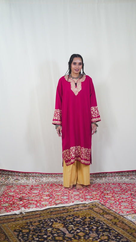 Kashmiri Aari Work Phiran - Brilliant Red